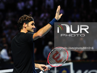 Roger Federer cheers after winning a match against Jack Sock (USA) in the semi finals of the Swiss Indoors at St. Jakobshalle in Basel, Swit...