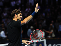 Roger Federer cheers after winning a match against Jack Sock (USA) in the semi finals of the Swiss Indoors at St. Jakobshalle in Basel, Swit...