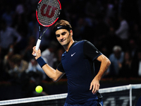 Roger Federer during a match against Jack Sock (USA) in the semi finals of the Swiss Indoors at St. Jakobshalle in Basel, Switzerland on Oct...