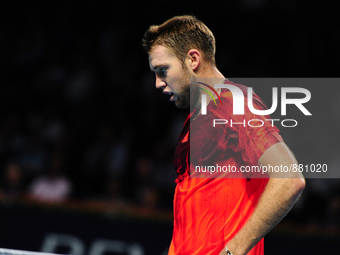 Jack Sock (USA) during a match against Roger Federer in the semi finals of the Swiss Indoors at St. Jakobshalle in Basel, Switzerland on Oct...