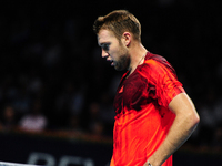 Jack Sock (USA) during a match against Roger Federer in the semi finals of the Swiss Indoors at St. Jakobshalle in Basel, Switzerland on Oct...