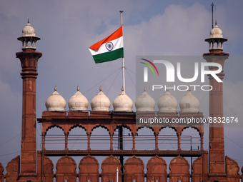 The Indian national flag flies half-mast at the historic Red Fort, as India observes one-day state mourning following the death of Queen Eli...