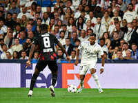 Rodrygo and Amadou Haidara during UEFA Champions League match between Real Madrid and RB Leipzig at Estadio Santiago Bernabeu on September 1...