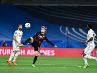 Timo Werner, Nacho and Aurelien Tchouameni during UEFA Champions League match between Real Madrid and RB Leipzig at Estadio Santiago Bernabe...