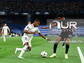 Rodrygo and Abdou Diallo during UEFA Champions League match between Real Madrid and RB Leipzig at Estadio Santiago Bernabeu on September 14,...