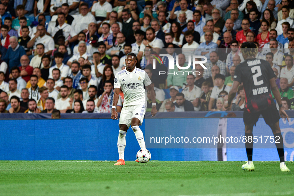 David Alaba and Mohamed Simakan during UEFA Champions League match between Real Madrid and RB Leipzig at Estadio Santiago Bernabeu on Septem...