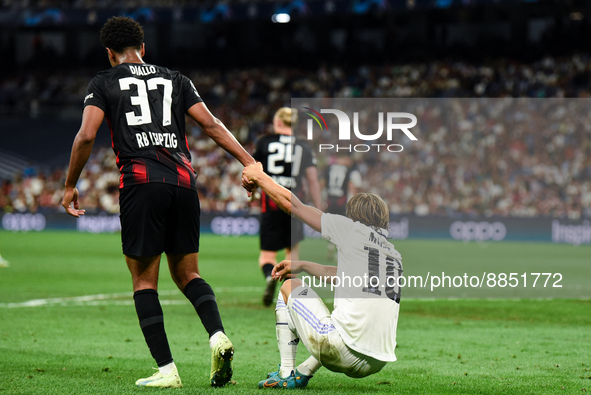 Abdou Diallo and Luka Modric during UEFA Champions League match between Real Madrid and RB Leipzig at Estadio Santiago Bernabeu on September...