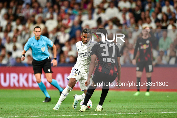 Rodrygo and Abdou Diallo during UEFA Champions League match between Real Madrid and RB Leipzig at Estadio Santiago Bernabeu on September 14,...