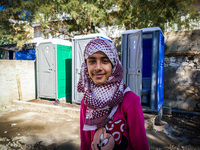 A child in Leros Refugee Camp, on October 30, 2015. Refugee camp Leros, located on the Greek Island of Leros is a transit camp for refugees...