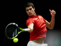 Carlos Alcaraz of Spain in action against Soonwoo Kwon of Republic of Korea during the Davis Cup Finals Group B Stage Men's Singles match be...