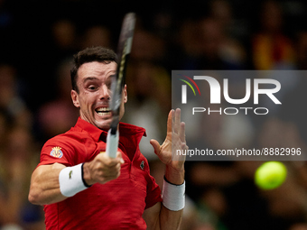 Roberto Bautista Agut of Spain in action against Seong Chan Hong of Republic of Korea during the Davis Cup Finals Group B Stage Men's Single...