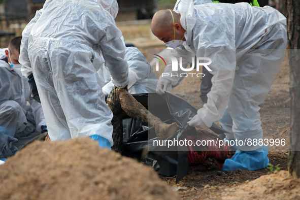 IZIUM, UKRAINE - SEPTEMBER 19, 2022 - Experts put the body into a human remains pouch during the exhumation of Izium residents killed by Rus...