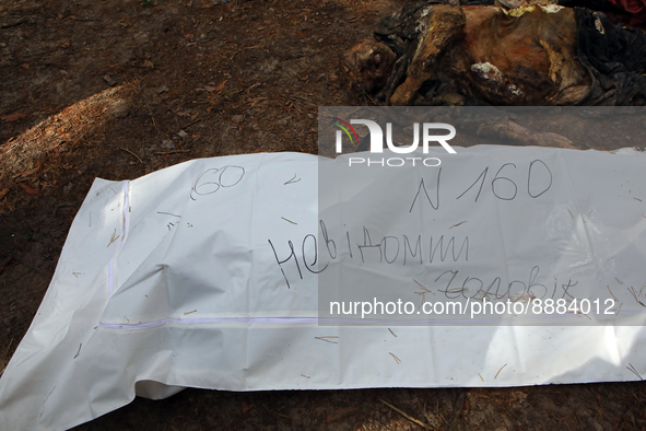 IZIUM, UKRAINE - SEPTEMBER 19, 2022 - The body of an unidentified man killed by Russian occupiers is kept in a human remains pouch during th...