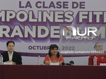 In the centre, Clara Brugada, Mayor of Iztapalapa in Mexico City, during a press conference about the World's Largest Trampoline Fitness Cla...