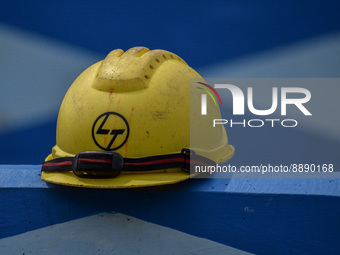 A safety helmet of Larsen & Toubro (L&T) is seen at a construction site in Kolkata on September 21, 2022.
 (