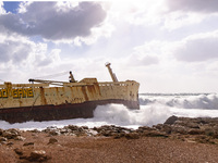 The shipwreck of the boat Edro III on the coast nearby Coral Bay on Cyprus on March 3, 2022. (