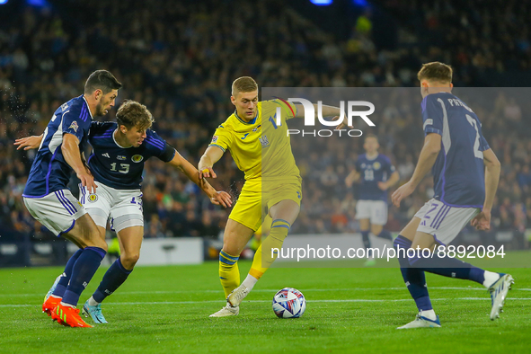 Artem Dovbyk of Ukraine National Team surrounded by Scotland players during the UEFA Nations League match between Scotland and Ukraine at Ha...