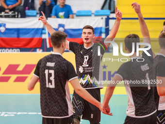 Rok Bracko (SLO) exults during the Volleyball Intenationals U20 European Championship - Slovenia vs France on September 22, 2022 at the Mont...