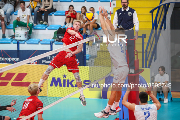 Spike of Martin Rendla (SVK) during the Volleyball Intenationals U20 European Championship - Slovakia vs Serbia on September 22, 2022 at the...