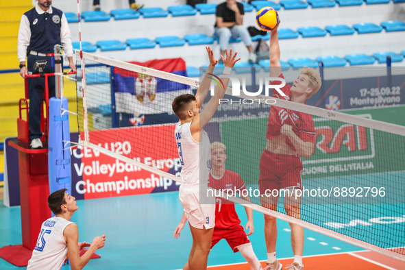 Spike of Tomas Badan (SVK) during the Volleyball Intenationals U20 European Championship - Slovakia vs Serbia on September 22, 2022 at the M...