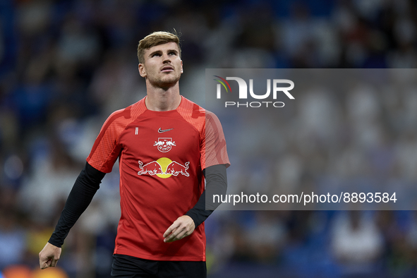 Timo Werner centre-forward Germany during the warm-up before the UEFA Champions League group F match between Real Madrid and RB Leipzig at E...