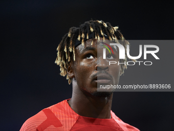 Mohamed Simakan centre-back of RB Leipzig and France during the warm-up before the UEFA Champions League group F match between Real Madrid a...