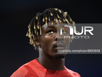 Mohamed Simakan centre-back of RB Leipzig and France during the warm-up before the UEFA Champions League group F match between Real Madrid a...