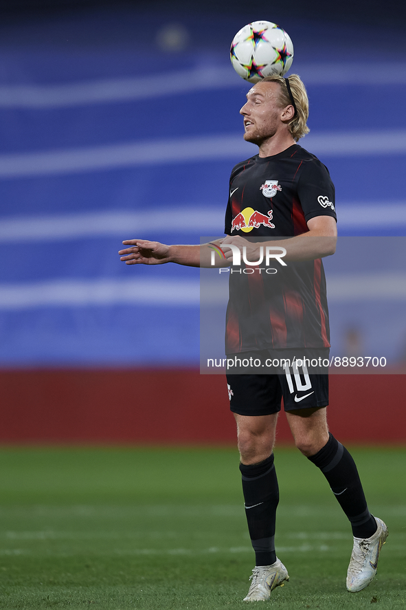 Emil Forsberg left winger of RB Leipzig and Sweden controls the ball during the UEFA Champions League group F match between Real Madrid and...