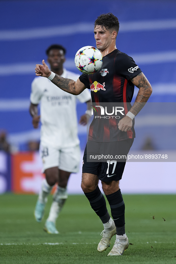 Dominik Szoboszlai attacking midfield of RB Leipzig and Hungary controls the ball during the UEFA Champions League group F match between Rea...