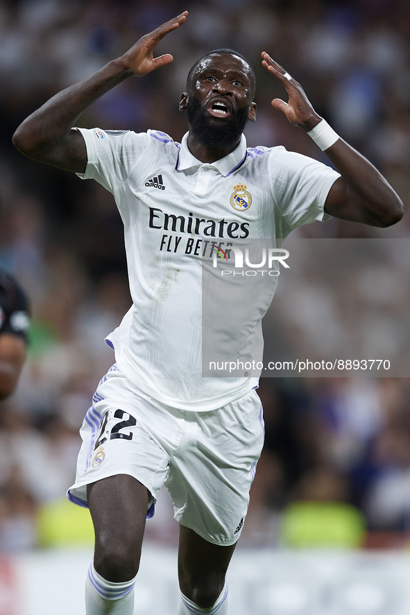 Antonio Rudiger centre-back of Real Madrid and Germany lament a failed occasion during the UEFA Champions League group F match between Real...