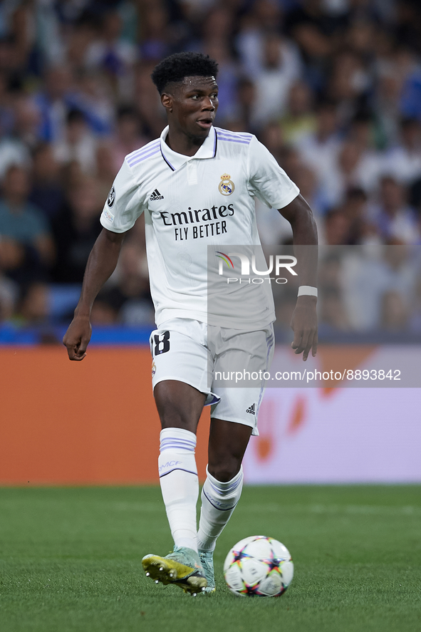 Aurelien Tchouameni defensive midfield of Real Madrid and France does passed during the UEFA Champions League group F match between Real Mad...