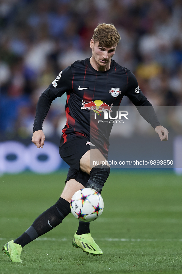 Timo Werner centre-forward Germany controls the ball during the UEFA Champions League group F match between Real Madrid and RB Leipzig at Es...
