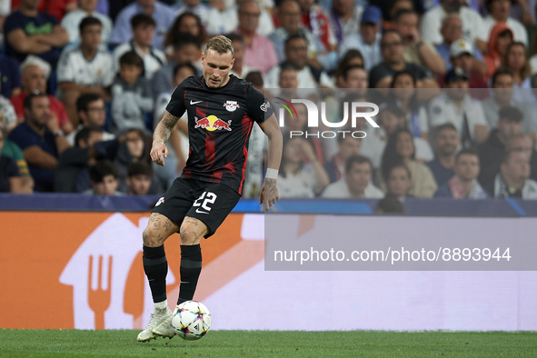 David Raum left-back of RB Leipzig and Germany controls the ball during the UEFA Champions League group F match between Real Madrid and RB L...