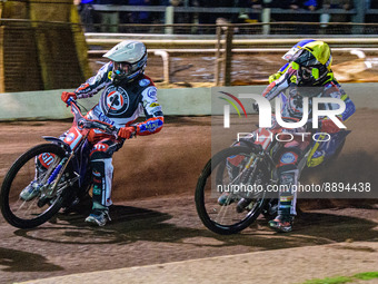 Matej Zagar (White) and Tom Brennan  (Yellow) lead Lewis Kerr  (Blue)during the SGB Premiership match between Sheffield Tigers and Belle Vue...