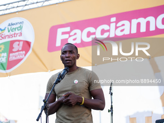 Candidate Aboubakar Soumahoro attends an event at the end of the election campaign of the Left Green Alliance in Via dei Fori imperiali, on...