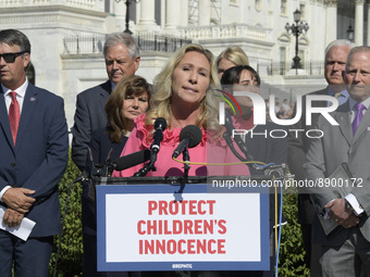 US Congresswoman Marjorie Taylor Greene(R-GA) alongside others GOP members speaks about Protect Childrens Innocence act during a  press conf...