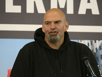 John Fetterman, Democratic candidate for Senator speaks on stage to 600 attendees during a campaign event with Congressman Dwight Evans in P...