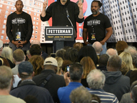 John Fetterman, Democratic candidate for Senator speaks on stage to 600 attendees during a campaign event with Congressman Dwight Evans in P...