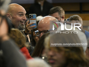 John Fetterman, Democratic candidate for Senator, sided by his wife Giselle greets supporters as they work the rope line after speaking at a...