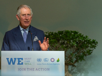 King Charles III is photographed giving a speech at the COP21 Archive pictures in Paris, France on 21 November 2015. (