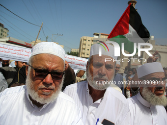 Members of the Palestine Scholars Association take part in a rally in support of the Al-Aqsa mosque in Gaza city, on  September 25, 2022.
 (