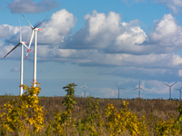 general view of wind farms are seen from the field in Juenchen, Germany on September 25, 2022 (