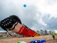 Almost at the end of the celebration of the International Kite Festival in the beach of Scheveningen in The Hague, The Holland Kite Team fle...