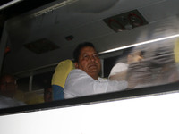 Congress MLA Babu Lal Nagar with other MLAs aboard a bus leave to meet Rajasthan Assembly Speaker CP Joshi, in Jaipur , Rajasthan, India, Se...