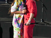 NEW YORK, NEW YORK - SEPTEMBER 24: Singer Nick Jonas hugs his wife actress Priyanka Chopra during Global Citizen Festival 2022: New York at...