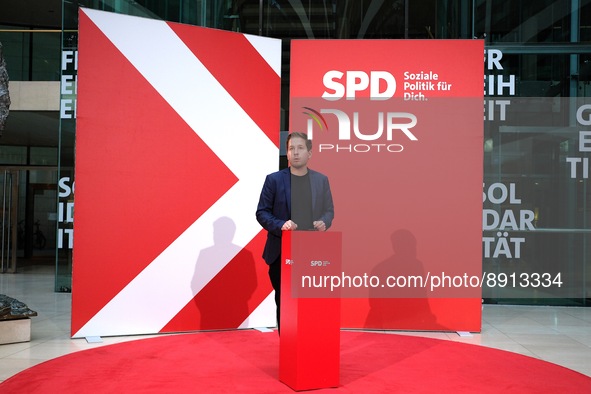 Berlin, Germany - September 26: Kevin Kuehnert, General Secretary, SPD speaks to the media after the weekly leadership meeting of the German...