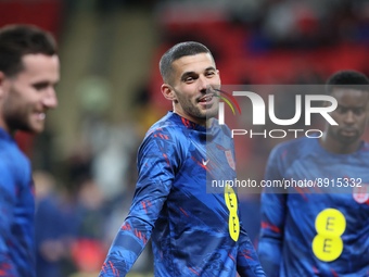 Conor Coady of England warming up before the UEFA Nations League match between England and Germany at Wembley Stadium, London on Monday 26th...