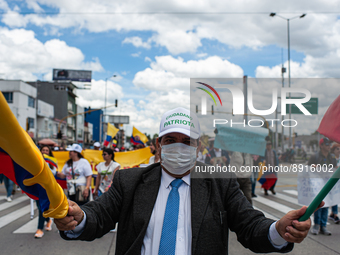 A demonstrator uses a cap that reads 'Patriotic Citizen' as he waves flags during the first antigovernment protest against left-wing preside...