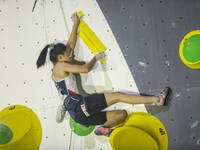 Chaehyun Seo of Republic of Korea climbs as she competes during the final women's lead discipline International Federation of Sport Climbing...