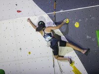 Chaehyun Seo of Republic of Korea climbs as she competes during the final women's lead discipline International Federation of Sport Climbing...